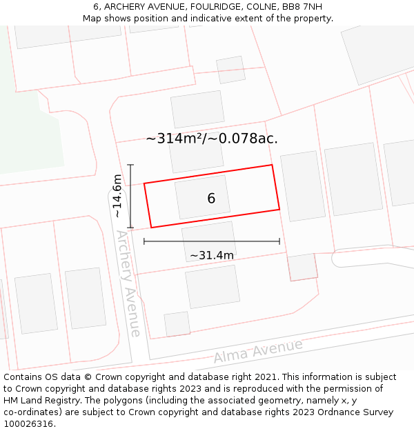 6, ARCHERY AVENUE, FOULRIDGE, COLNE, BB8 7NH: Plot and title map