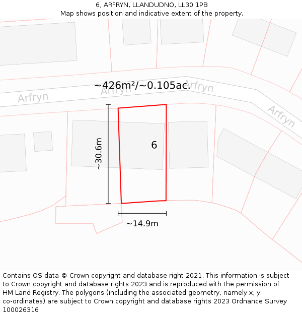 6, ARFRYN, LLANDUDNO, LL30 1PB: Plot and title map