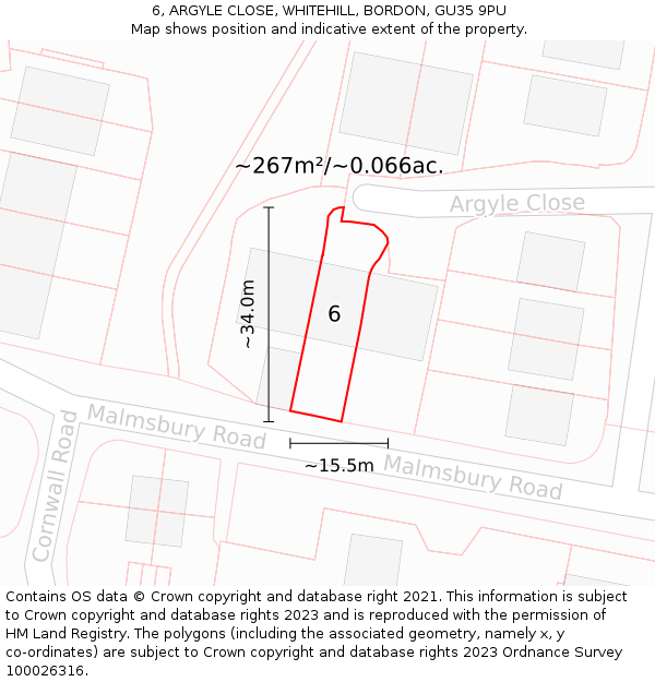 6, ARGYLE CLOSE, WHITEHILL, BORDON, GU35 9PU: Plot and title map