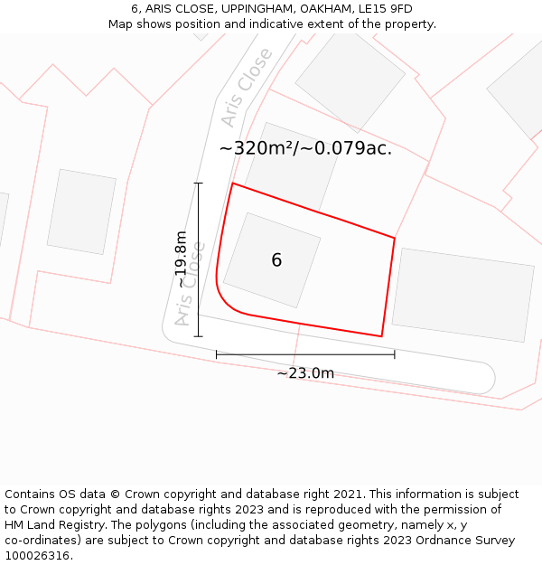 6, ARIS CLOSE, UPPINGHAM, OAKHAM, LE15 9FD: Plot and title map