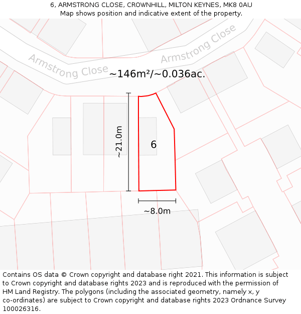 6, ARMSTRONG CLOSE, CROWNHILL, MILTON KEYNES, MK8 0AU: Plot and title map