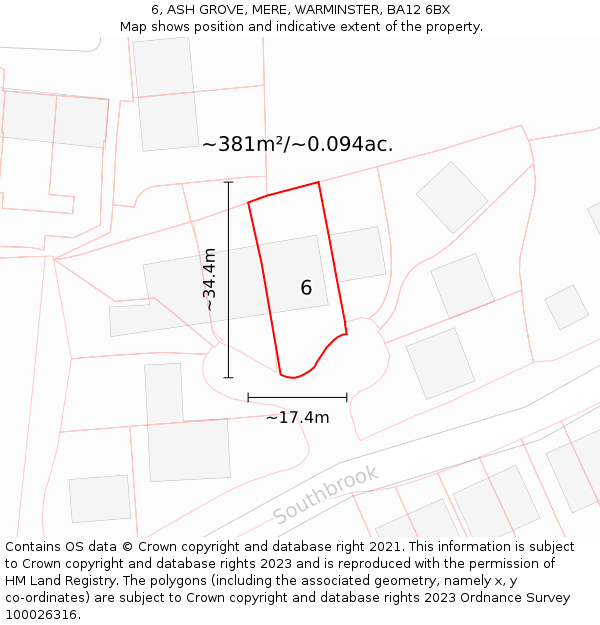 6, ASH GROVE, MERE, WARMINSTER, BA12 6BX: Plot and title map