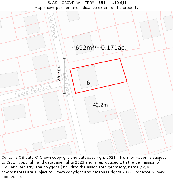6, ASH GROVE, WILLERBY, HULL, HU10 6JH: Plot and title map
