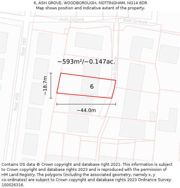 6, ASH GROVE, WOODBOROUGH, NOTTINGHAM, NG14 6DR: Plot and title map