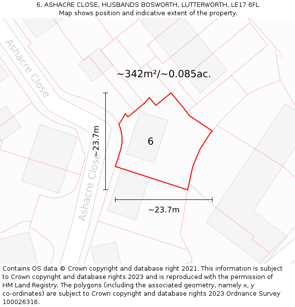 6, ASHACRE CLOSE, HUSBANDS BOSWORTH, LUTTERWORTH, LE17 6FL: Plot and title map
