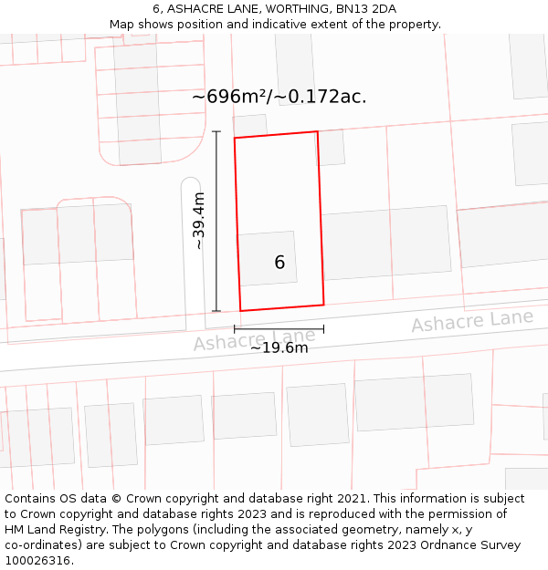 6, ASHACRE LANE, WORTHING, BN13 2DA: Plot and title map