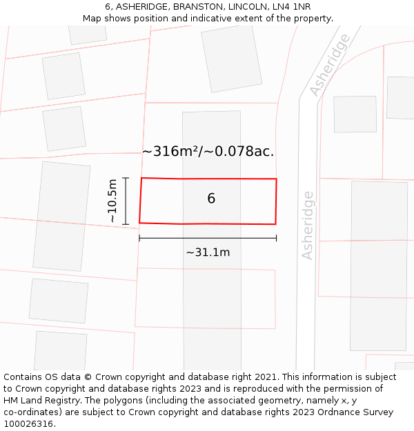 6, ASHERIDGE, BRANSTON, LINCOLN, LN4 1NR: Plot and title map