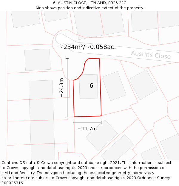 6, AUSTIN CLOSE, LEYLAND, PR25 3FG: Plot and title map