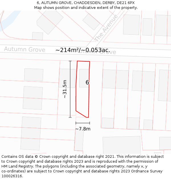 6, AUTUMN GROVE, CHADDESDEN, DERBY, DE21 6PX: Plot and title map