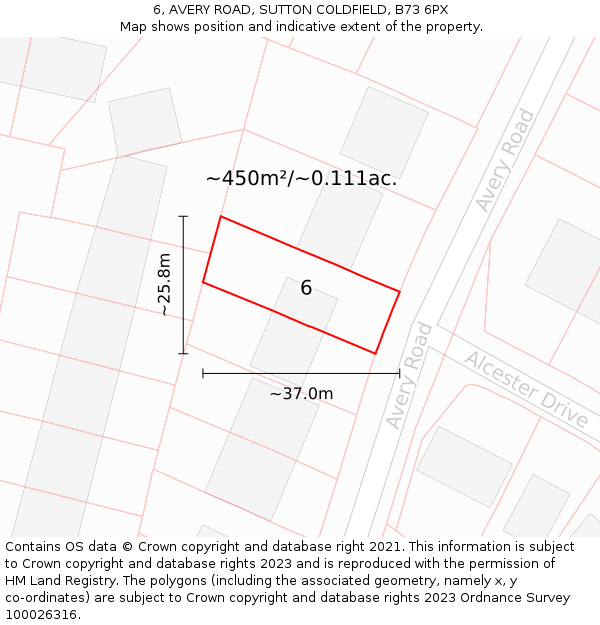 6, AVERY ROAD, SUTTON COLDFIELD, B73 6PX: Plot and title map