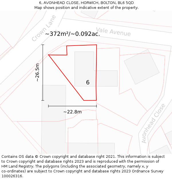 6, AVONHEAD CLOSE, HORWICH, BOLTON, BL6 5QD: Plot and title map