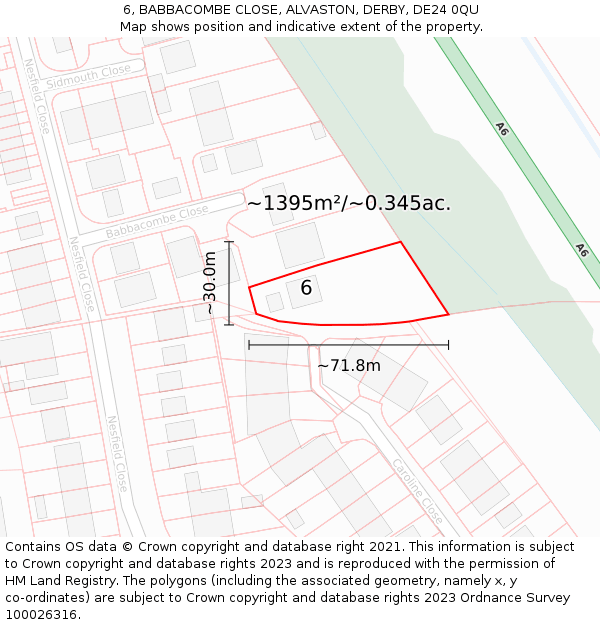 6, BABBACOMBE CLOSE, ALVASTON, DERBY, DE24 0QU: Plot and title map