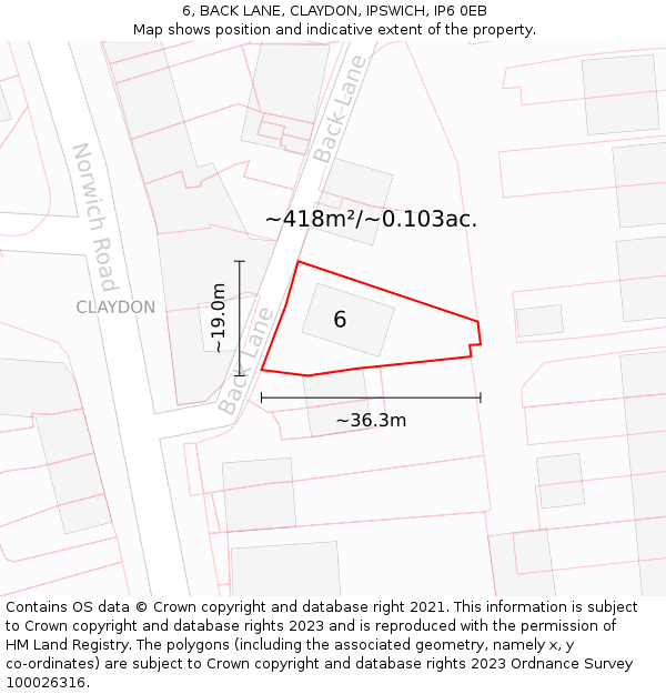 6, BACK LANE, CLAYDON, IPSWICH, IP6 0EB: Plot and title map