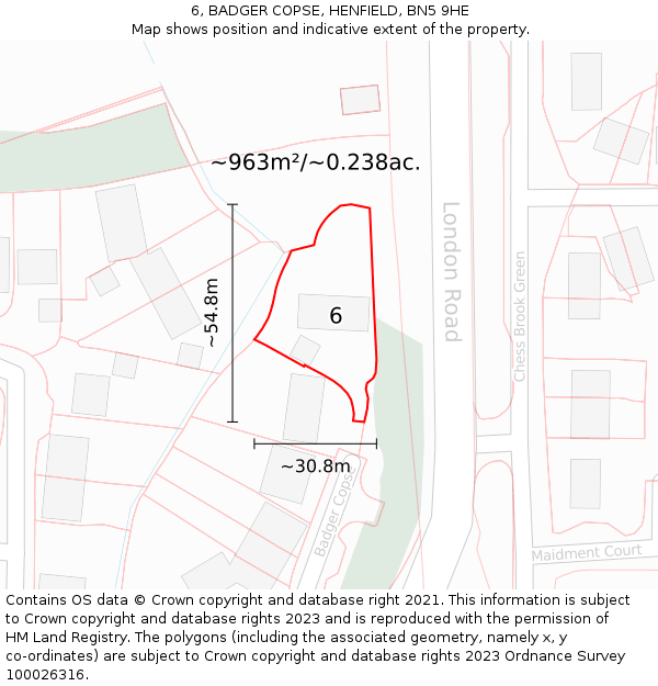 6, BADGER COPSE, HENFIELD, BN5 9HE: Plot and title map