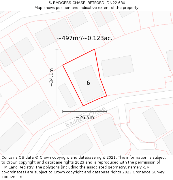 6, BADGERS CHASE, RETFORD, DN22 6RX: Plot and title map