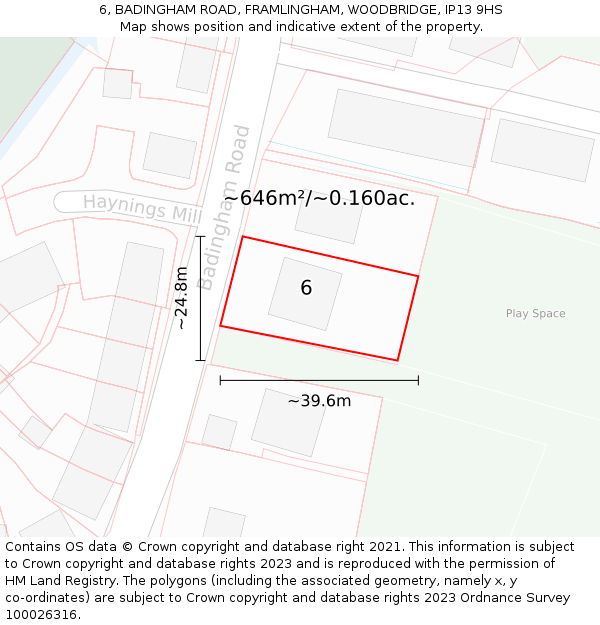 6, BADINGHAM ROAD, FRAMLINGHAM, WOODBRIDGE, IP13 9HS: Plot and title map