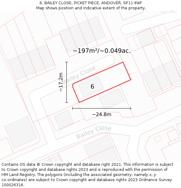 6, BAILEY CLOSE, PICKET PIECE, ANDOVER, SP11 6WF: Plot and title map