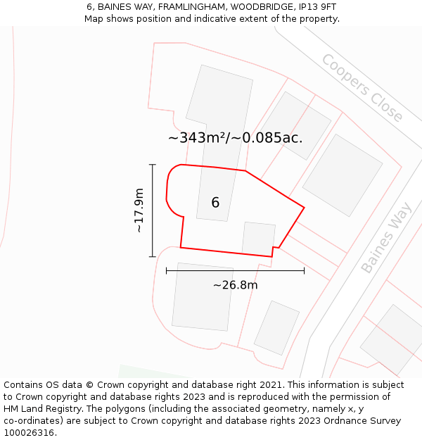 6, BAINES WAY, FRAMLINGHAM, WOODBRIDGE, IP13 9FT: Plot and title map