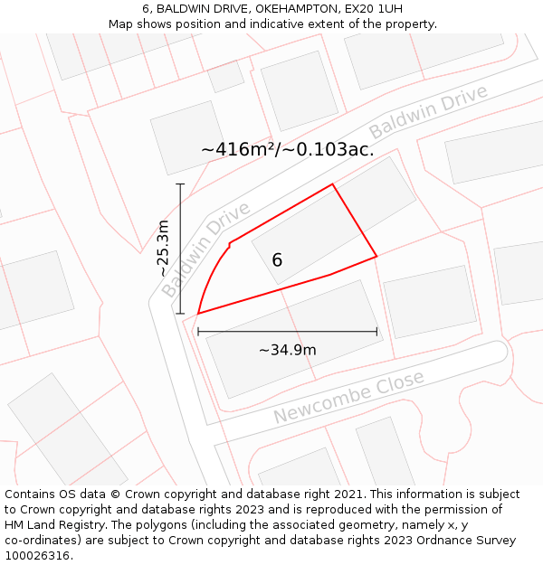6, BALDWIN DRIVE, OKEHAMPTON, EX20 1UH: Plot and title map