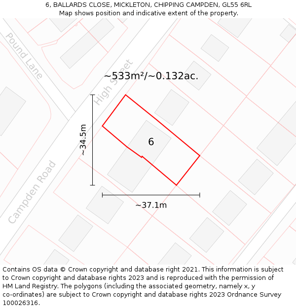 6, BALLARDS CLOSE, MICKLETON, CHIPPING CAMPDEN, GL55 6RL: Plot and title map
