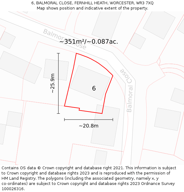 6, BALMORAL CLOSE, FERNHILL HEATH, WORCESTER, WR3 7XQ: Plot and title map