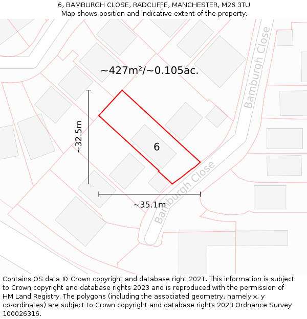 6, BAMBURGH CLOSE, RADCLIFFE, MANCHESTER, M26 3TU: Plot and title map