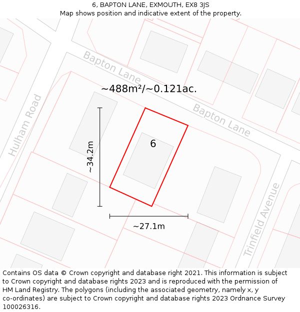 6, BAPTON LANE, EXMOUTH, EX8 3JS: Plot and title map