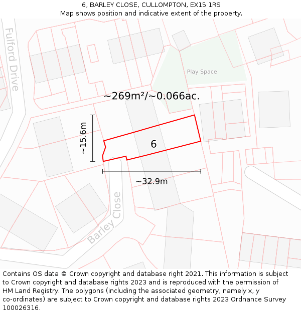 6, BARLEY CLOSE, CULLOMPTON, EX15 1RS: Plot and title map