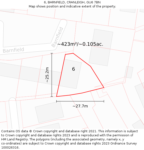 6, BARNFIELD, CRANLEIGH, GU6 7BN: Plot and title map