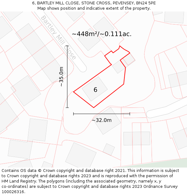 6, BARTLEY MILL CLOSE, STONE CROSS, PEVENSEY, BN24 5PE: Plot and title map