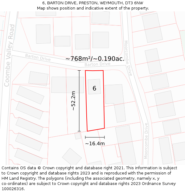 6, BARTON DRIVE, PRESTON, WEYMOUTH, DT3 6NW: Plot and title map