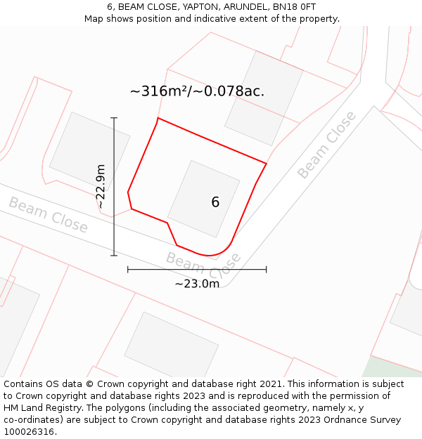 6, BEAM CLOSE, YAPTON, ARUNDEL, BN18 0FT: Plot and title map