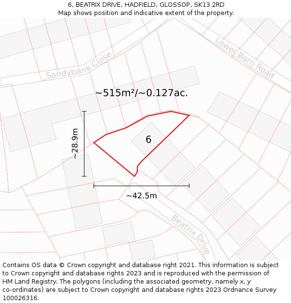 6, BEATRIX DRIVE, HADFIELD, GLOSSOP, SK13 2RD: Plot and title map