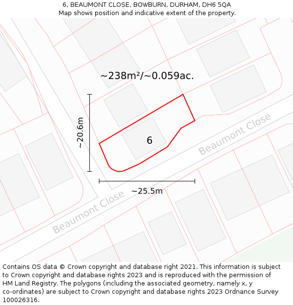 6, BEAUMONT CLOSE, BOWBURN, DURHAM, DH6 5QA: Plot and title map