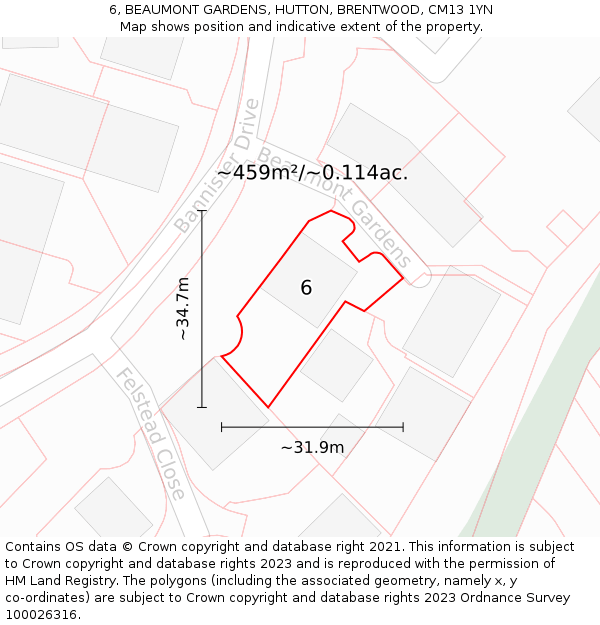 6, BEAUMONT GARDENS, HUTTON, BRENTWOOD, CM13 1YN: Plot and title map