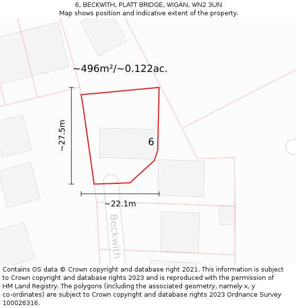 6, BECKWITH, PLATT BRIDGE, WIGAN, WN2 3UN: Plot and title map