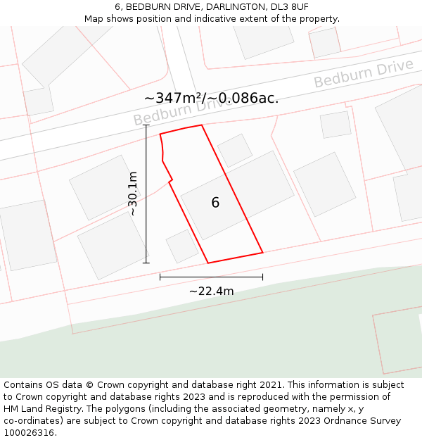 6, BEDBURN DRIVE, DARLINGTON, DL3 8UF: Plot and title map