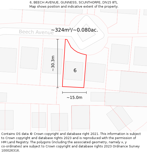6, BEECH AVENUE, GUNNESS, SCUNTHORPE, DN15 8TL: Plot and title map