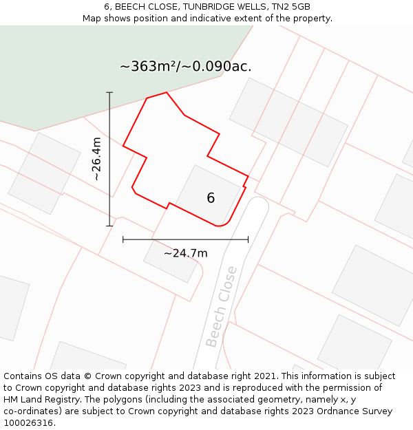 6, BEECH CLOSE, TUNBRIDGE WELLS, TN2 5GB: Plot and title map