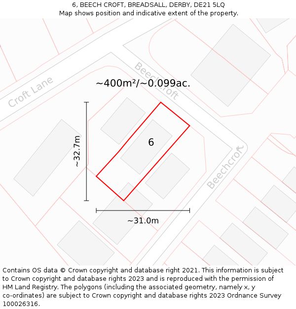 6, BEECH CROFT, BREADSALL, DERBY, DE21 5LQ: Plot and title map