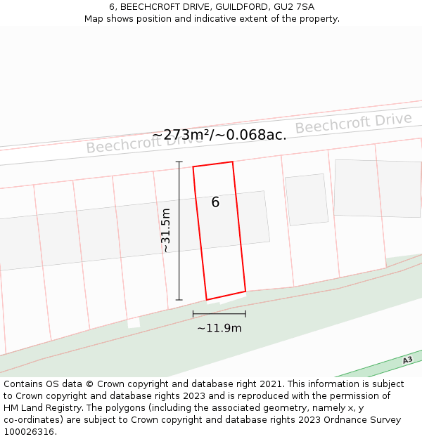 6, BEECHCROFT DRIVE, GUILDFORD, GU2 7SA: Plot and title map