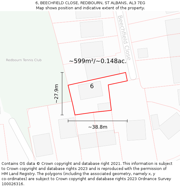 6, BEECHFIELD CLOSE, REDBOURN, ST ALBANS, AL3 7EG: Plot and title map
