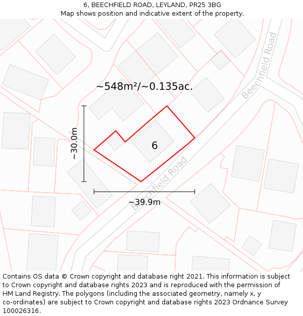 6, BEECHFIELD ROAD, LEYLAND, PR25 3BG: Plot and title map