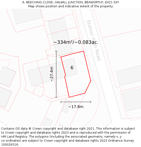 6, BEECHING CLOSE, HALWILL JUNCTION, BEAWORTHY, EX21 5XY: Plot and title map