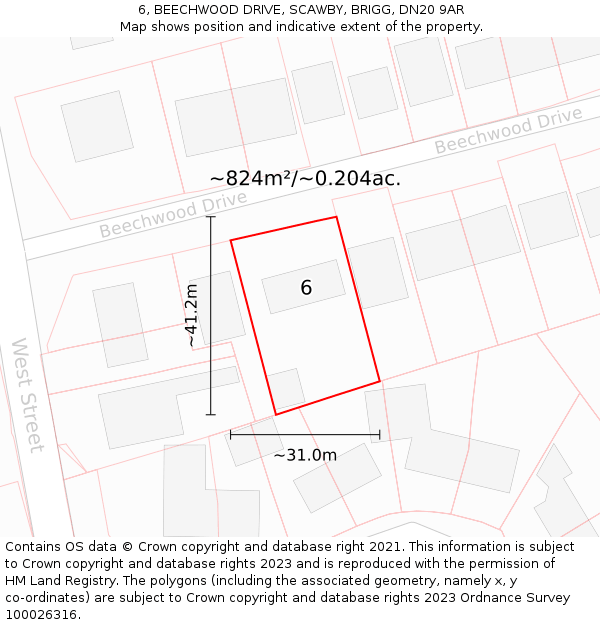 6, BEECHWOOD DRIVE, SCAWBY, BRIGG, DN20 9AR: Plot and title map