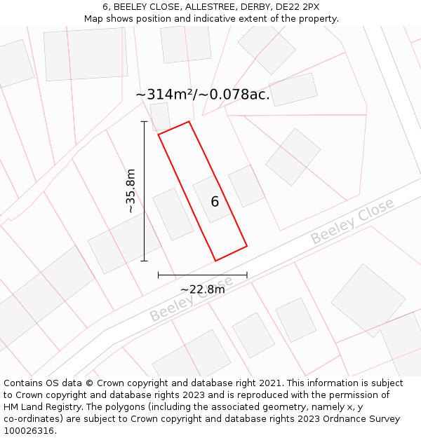 6, BEELEY CLOSE, ALLESTREE, DERBY, DE22 2PX: Plot and title map