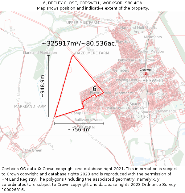6, BEELEY CLOSE, CRESWELL, WORKSOP, S80 4GA: Plot and title map