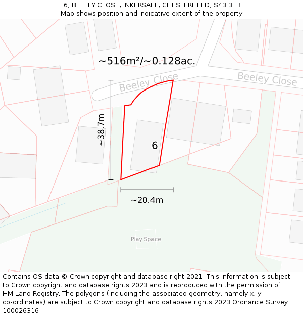 6, BEELEY CLOSE, INKERSALL, CHESTERFIELD, S43 3EB: Plot and title map