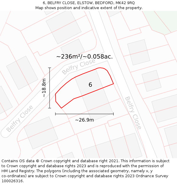 6, BELFRY CLOSE, ELSTOW, BEDFORD, MK42 9RQ: Plot and title map