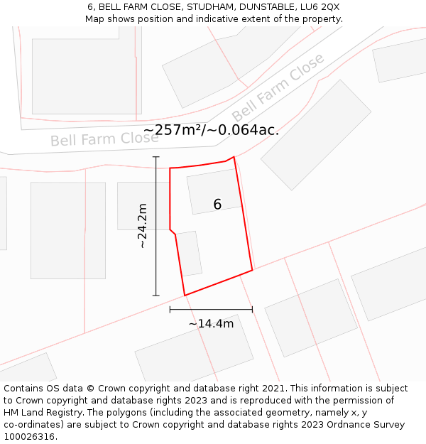 6, BELL FARM CLOSE, STUDHAM, DUNSTABLE, LU6 2QX: Plot and title map